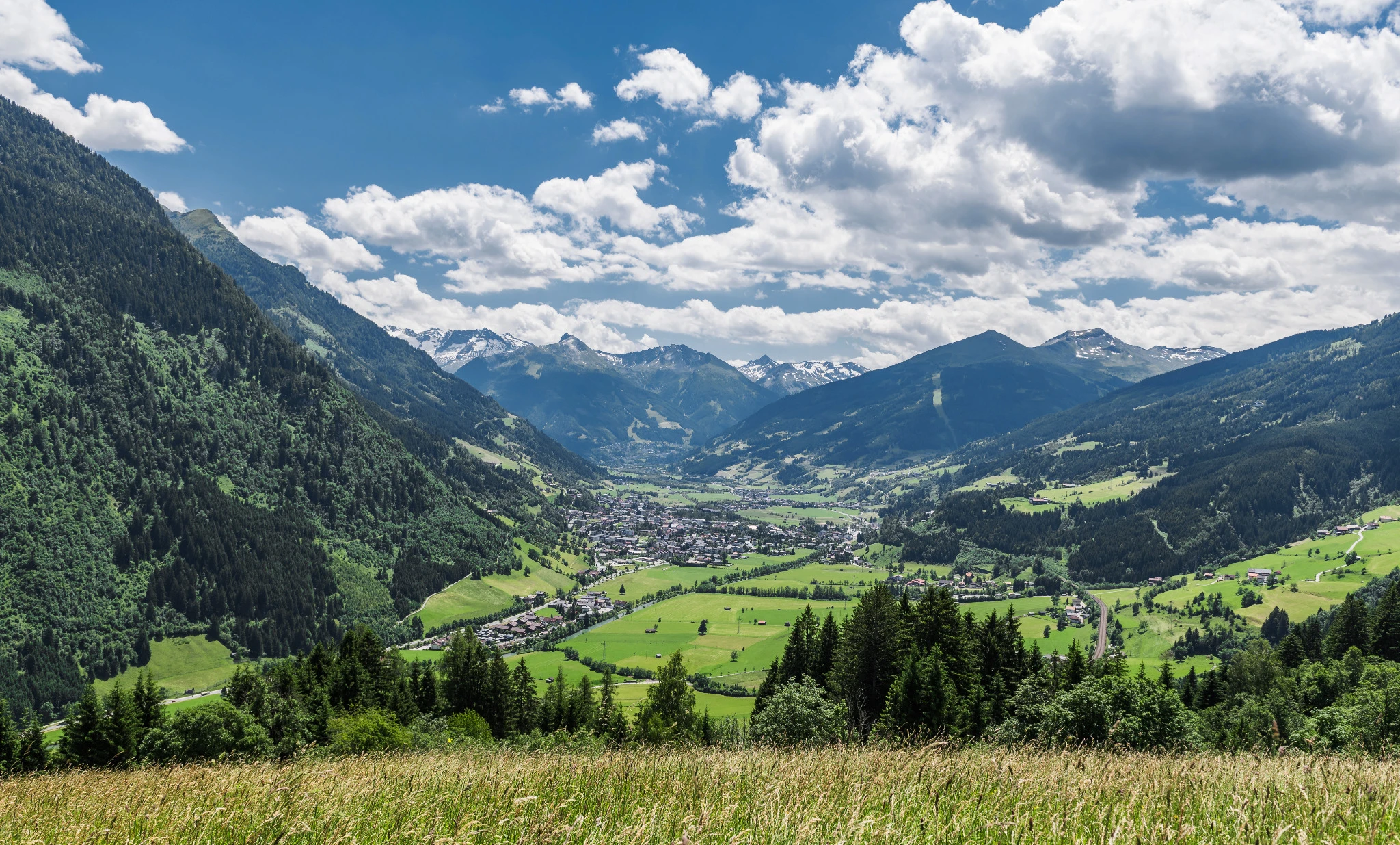 Blick ins Gasteinertal mit Wiesen, Bergen und Panoramaaussicht – ideal für Urlaub mit Hund in Österreich
