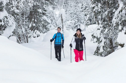 Schneeschuhwandern mit Hund in Gastein – zwei Wanderer unterwegs im tief verschneiten Angertal