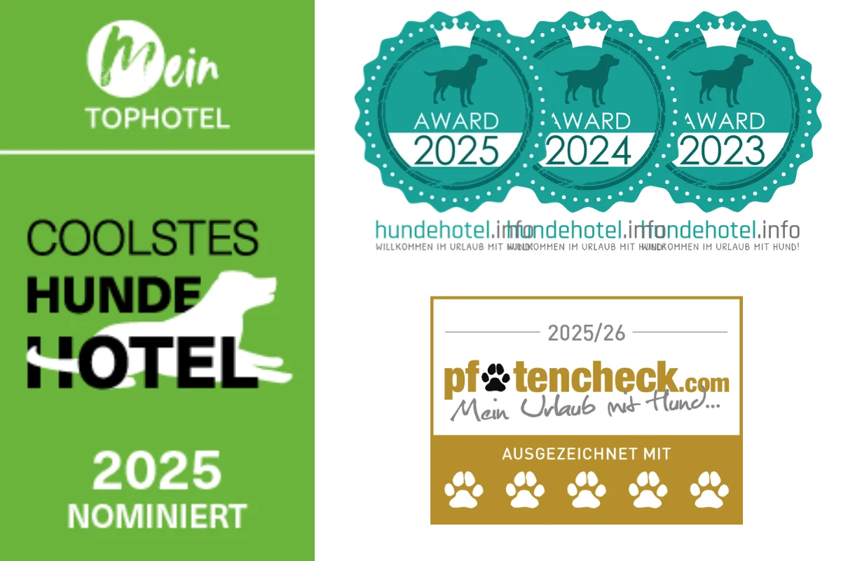 Auszeichnungen: Top 50 Hundehotels Europa, 5 Pfoten pfotencheck.com, Nominierung TopHotels.de