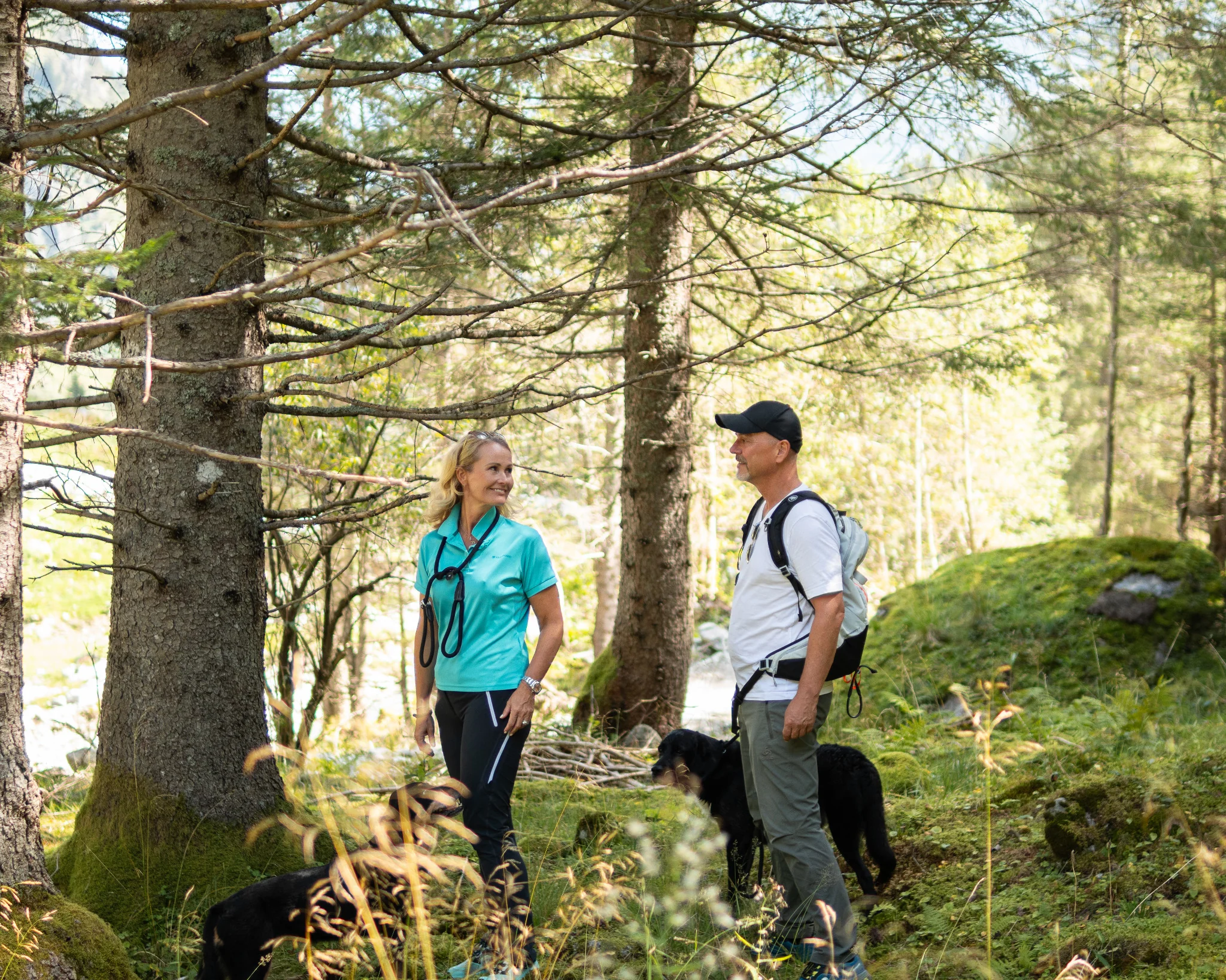 Sommerurlaub mit Hund in Gastein – Paar mit Hunden beim Wandern im Wald